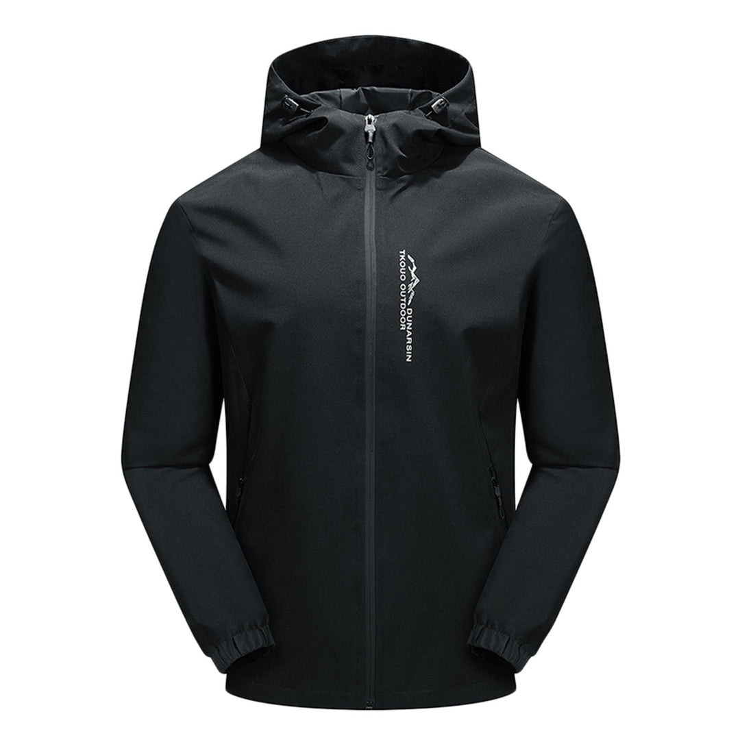 Schwarze Outdoor-Jacke mit Kapuze, Reißverschluss, wasserabweisend, für Herren.