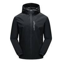 Schwarze Outdoor-Jacke mit Kapuze, Reißverschluss, wasserabweisend, für Herren.