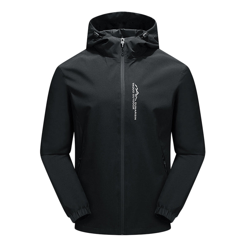 Schwarze Outdoor-Jacke mit Kapuze, Reißverschluss, wasserabweisend, für Herren.