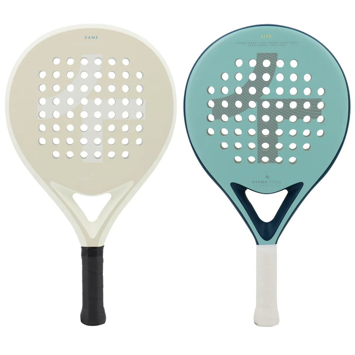 Zwei Padel-Schläger, creme und blau, perforiert, für Anfänger, aus Kunststoff.