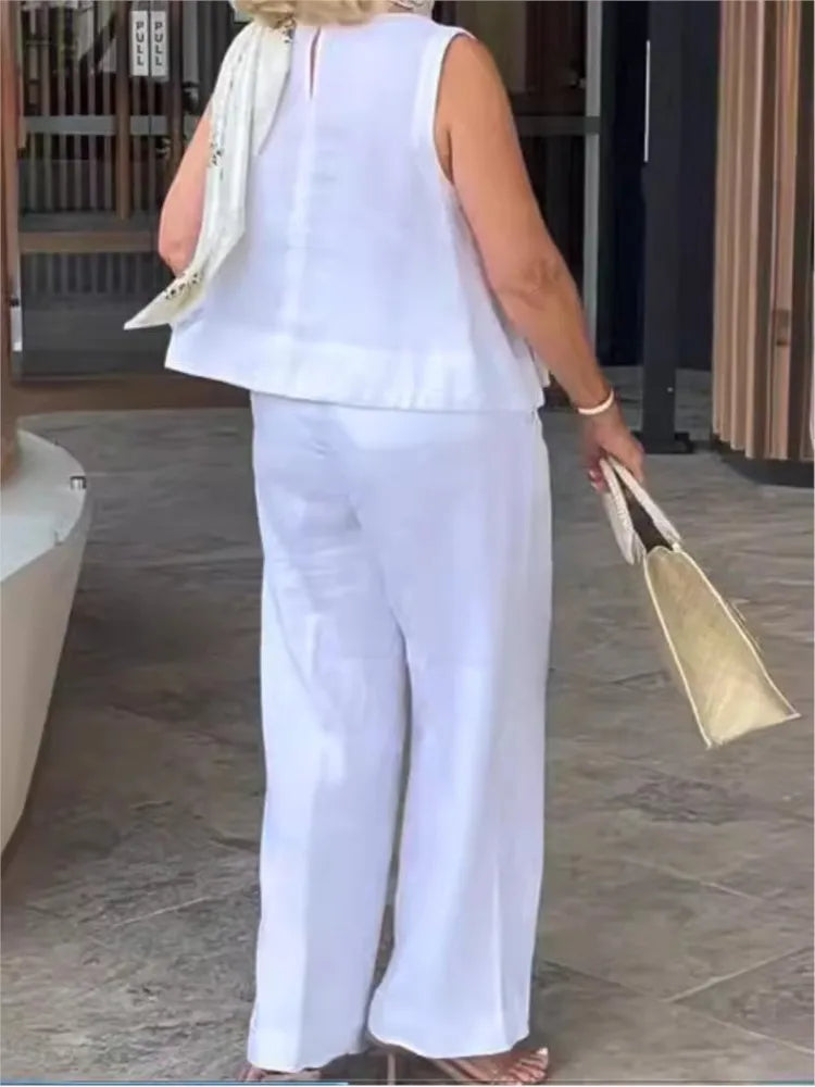 Zweiteiliges Damen Sommer-Set aus Leinen mit Ärmelloser Bluse – Maelis