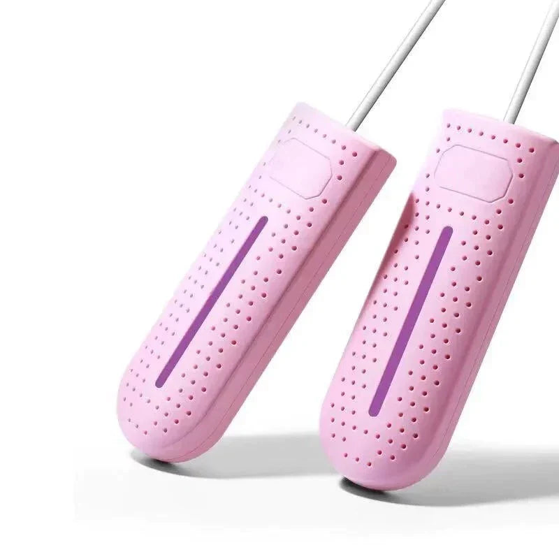 Rosa Schuhentfeuchter elektrisch, tragbar, Kunststoff, Feuchtigkeitsabsorbierer, geruchshemmend.