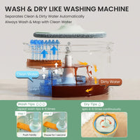 Transparenter Wischmopp-Eimer mit Wassertrennung, sauber und schmutzig, für effektive Reinigung.