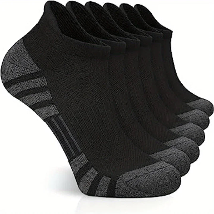 Schwarze Sportsocken, atmungsaktiv, knöchelhoch, 6er-Pack, ideal für Fitness und Alltag.