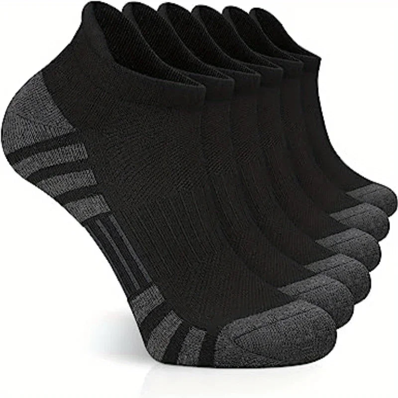 Schwarze Sportsocken, atmungsaktiv, knöchelhoch, 6er-Pack, ideal für Fitness und Alltag.