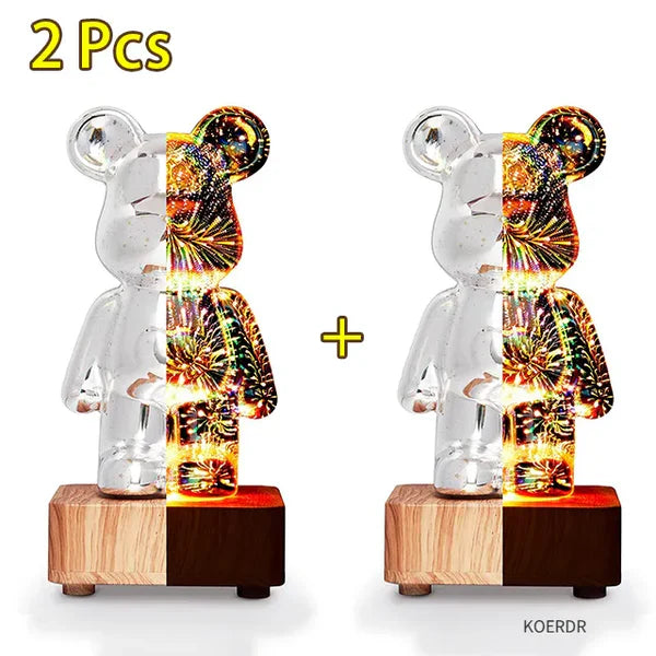 2er-Set LED-Bärenlampen, transparent, Holzsockel, dekorative Beleuchtung, modern, Koerdr.