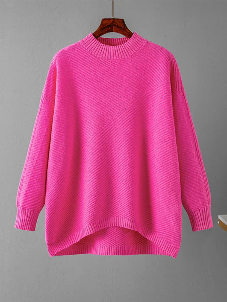 Rosa Strickpullover Damen, Oversize, Rippstrick, Herbstmode, Langarm, Rundhals, Baumwolle.