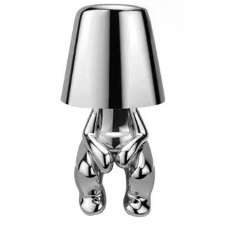 Silberne Tischlampe mit menschlicher Figur, modernes Design, Metall, Wohnkultur, Beleuchtung.