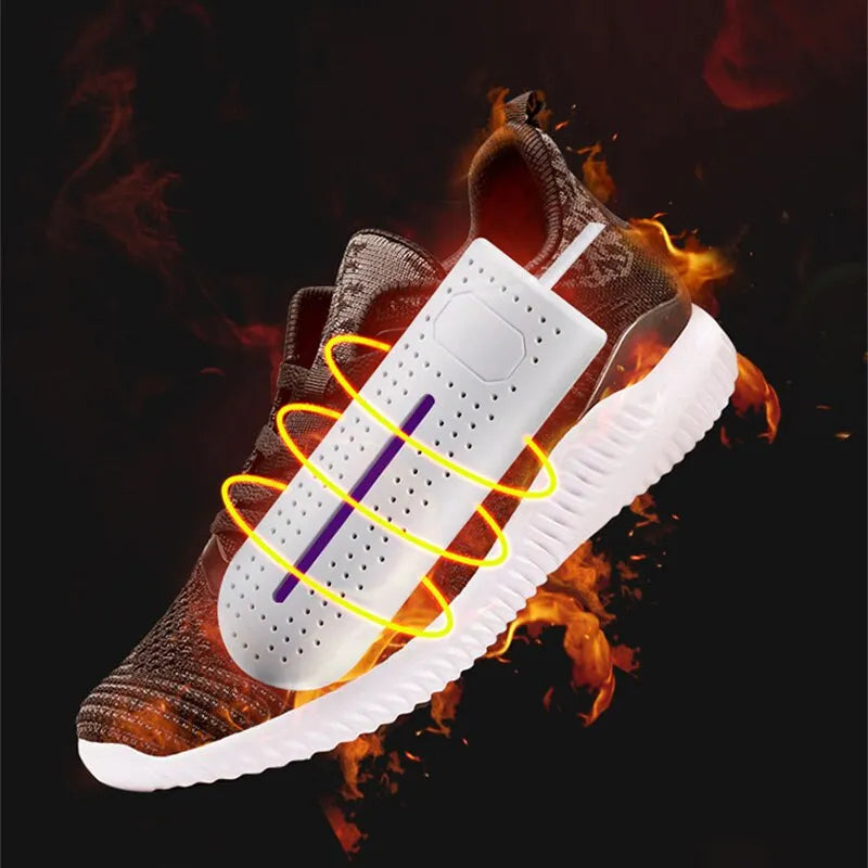 Brauner Sneaker mit weißem Luftreiniger, Flammenhintergrund, atmungsaktiv, modisch.