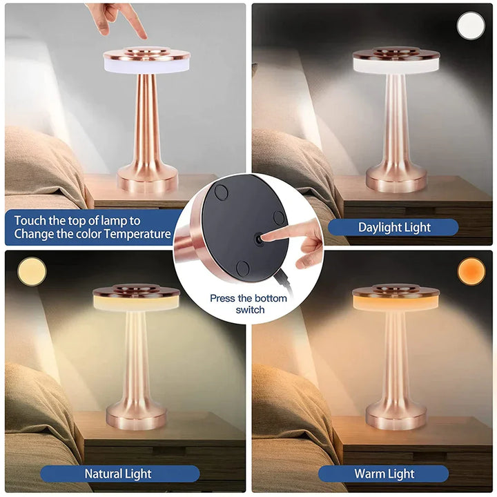 LED-Tischlampe, dimmbar, Touch-Bedienung, Farbwechsel, warmes und kaltes Licht, modern, gold.