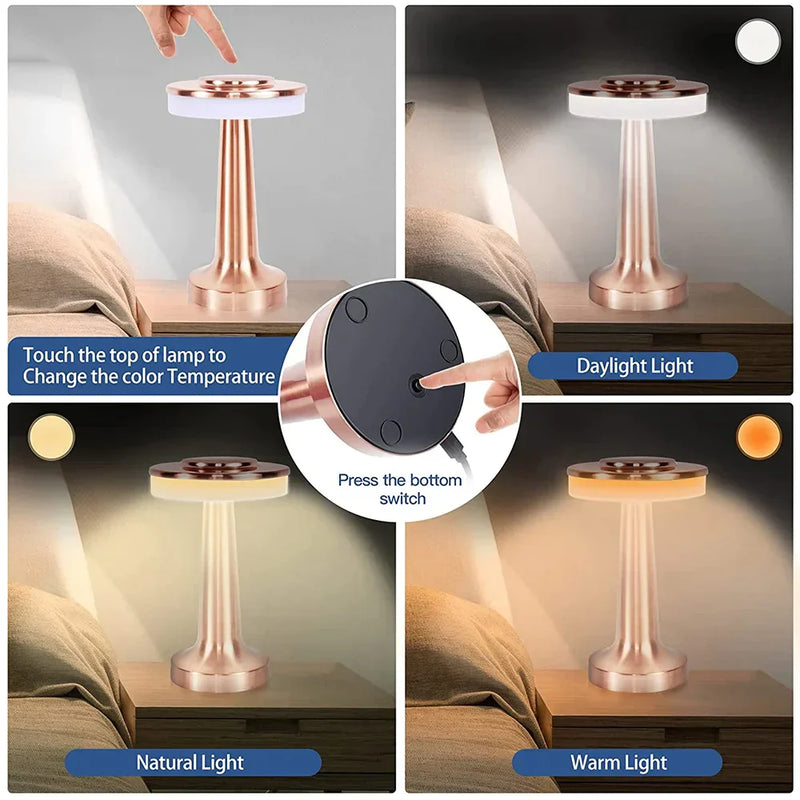 LED-Tischlampe, dimmbar, Touch-Bedienung, Farbwechsel, warmes und kaltes Licht, modern, gold.