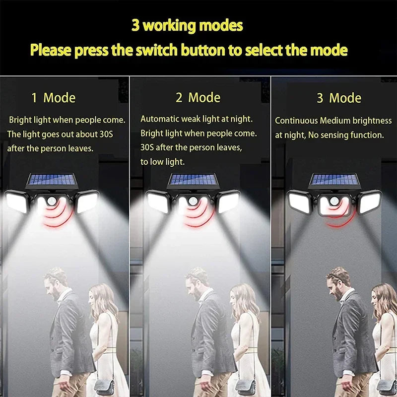 Solarbetriebene LED-Außenleuchte mit Bewegungsmelder, drei Modi, energiesparend.