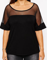 Schwarzes Damen-Oberteil mit transparenten Ärmeln, Rundhalsausschnitt, Plus-Size, elegant.