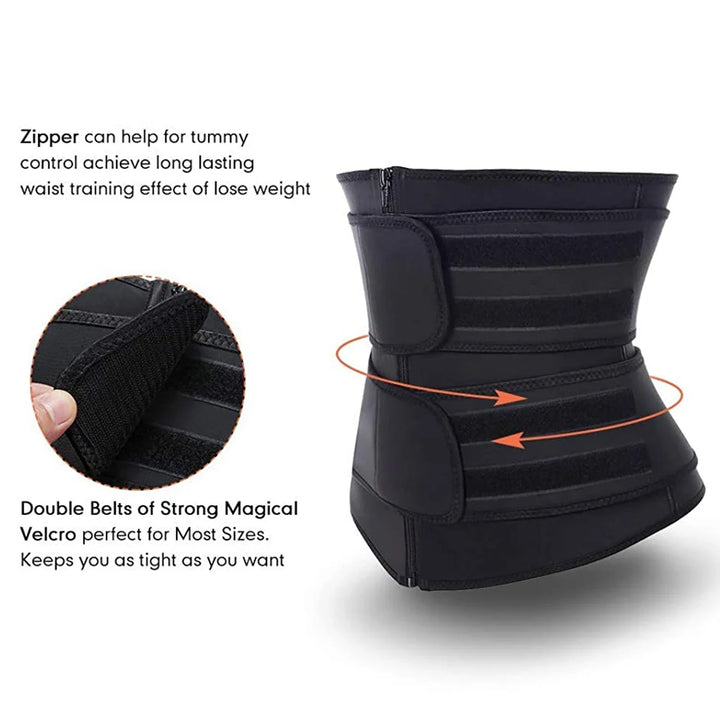 Schwarzer Taillentrainer mit Reißverschluss und Klettverschluss für effektive Bauchkontrolle.