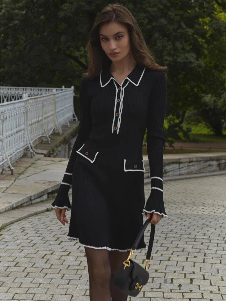 Damen Strick-Maxikleid mit hoher Taille & Rüschen – Isolde