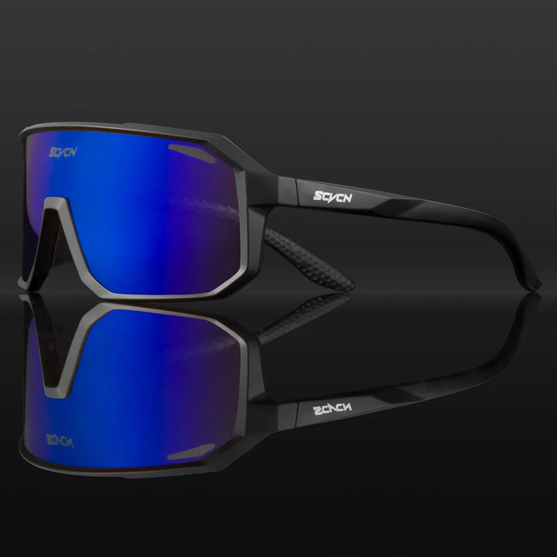 Schwarze Sportsonnenbrille mit blauen Gläsern, UV-Schutz, aerodynamisches Design.