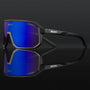 Schwarze Sportsonnenbrille mit blauen Gläsern, UV-Schutz, aerodynamisches Design.