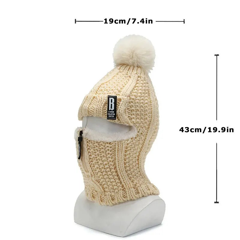 Beige Strick-Balaclava mit Bommel, 43cm, Wintermütze, Unisex, warm, modisch, Outdoor-Aktivitäten