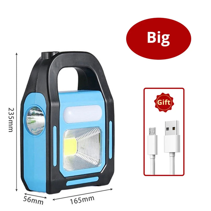 Große blaue LED-Campinglampe mit USB-Ladekabel, tragbar, 235mm hoch, 165mm breit.