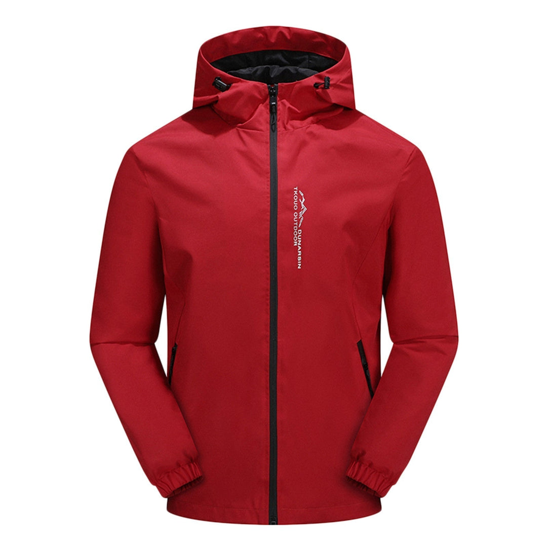Rote Herren-Windjacke mit Kapuze, wasserabweisend, Outdoor-Bekleidung, Reißverschluss.