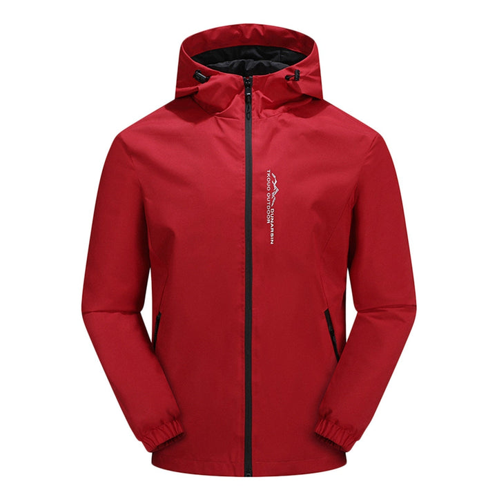 Rote Herren-Windjacke mit Kapuze, wasserabweisend, Outdoor-Bekleidung, Reißverschluss.