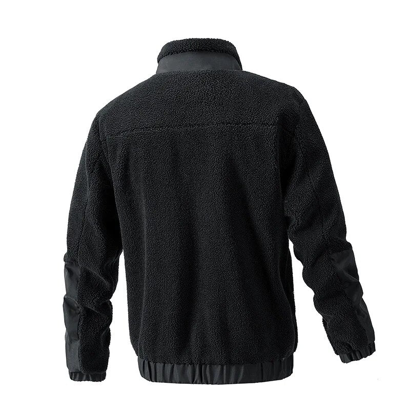 Schwarze Fleecejacke Herren, warm, langärmelig, Outdoor-Bekleidung, Rückansicht.