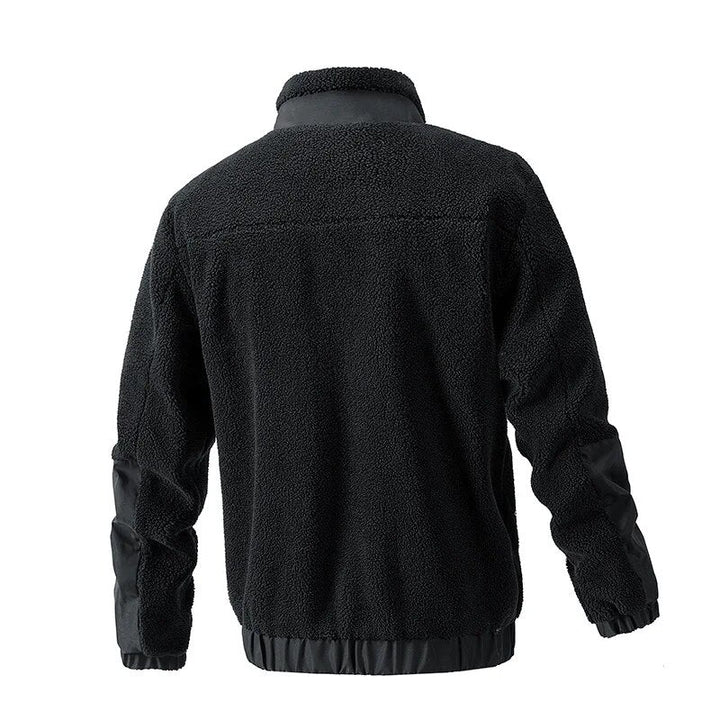 Schwarze Fleecejacke Herren, warm, langärmelig, Outdoor-Bekleidung, Rückansicht.