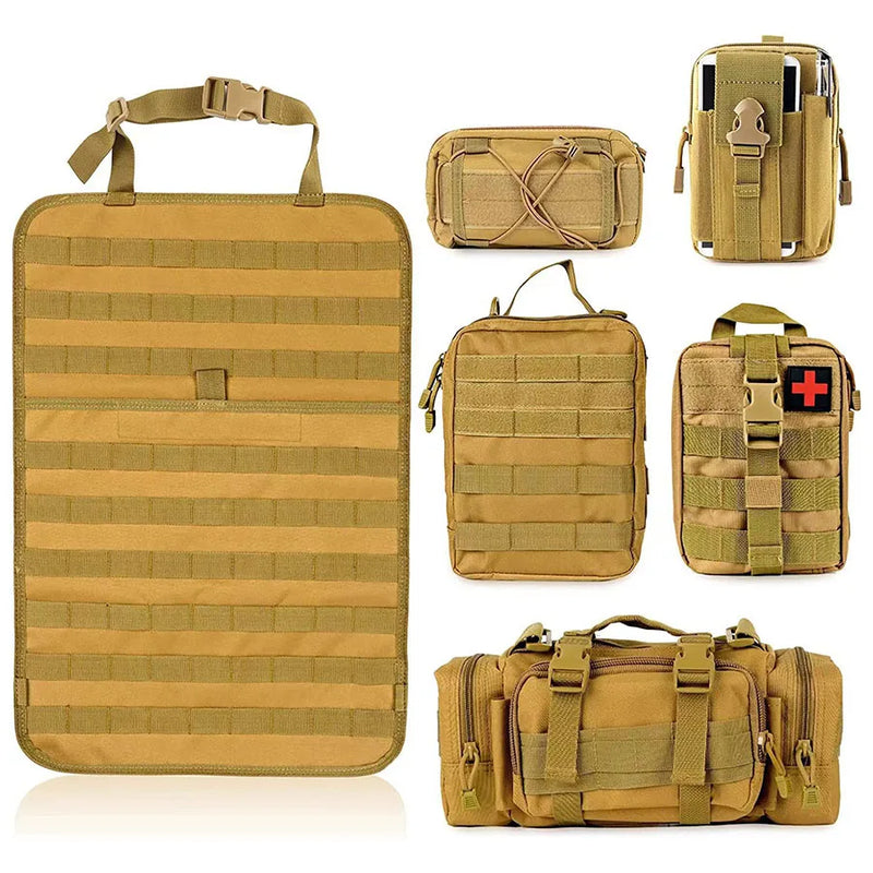 Taktisches Molle-Taschen-Set, khaki, vielseitig, robust, für Outdoor-Aktivitäten und Camping.
