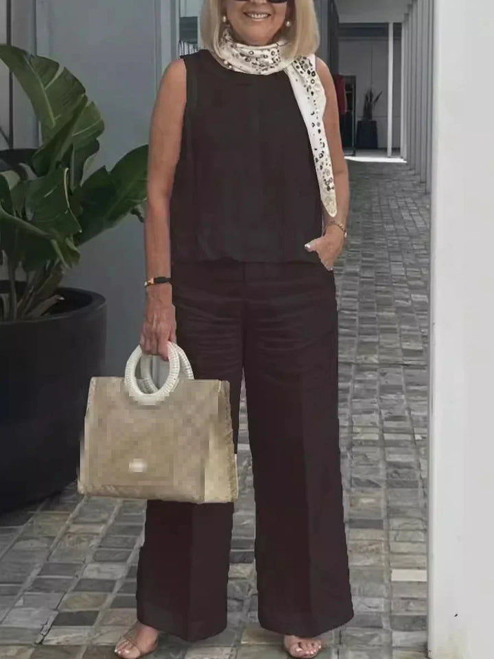 Zweiteiliges Damen Sommer-Set aus Leinen mit Ärmelloser Bluse – Maelis