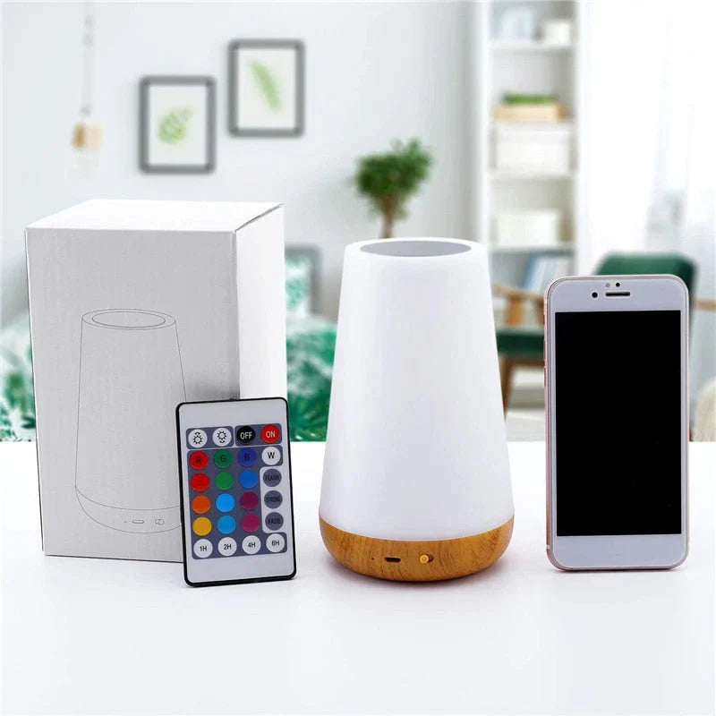 LED-Lampe mit Fernbedienung, Holzsockel, weiß, modern, dekorativ, für Wohnzimmer oder Büro.