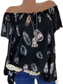 Schwarze schulterfreie Bluse mit Federprint, Damenmode, Sommeroutfit, lässiger Stil.