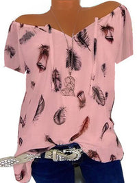 Damen Off-Shoulder Bluse, rosa mit Federprint, lässig, Sommermode, Baumwolle, Kurzarm.
