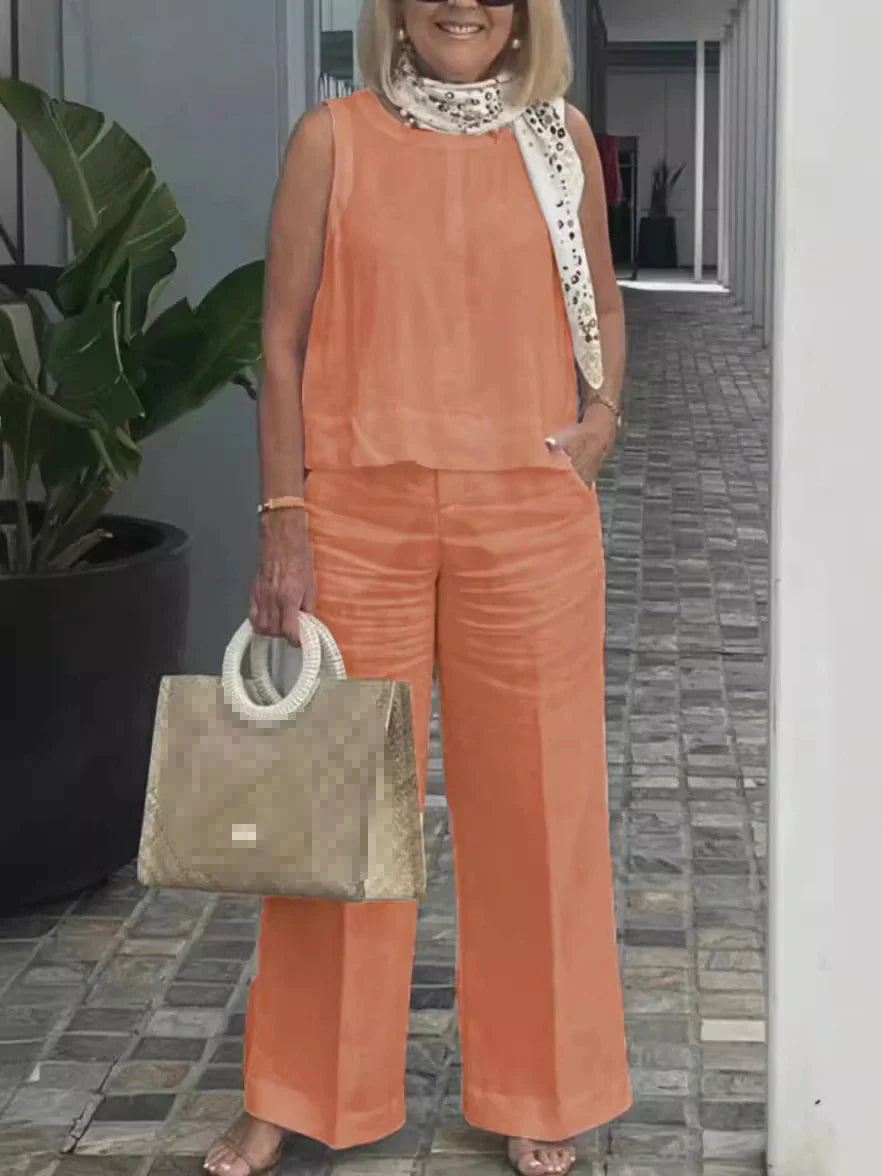 Zweiteiliges Damen Sommer-Set aus Leinen mit Ärmelloser Bluse – Maelis