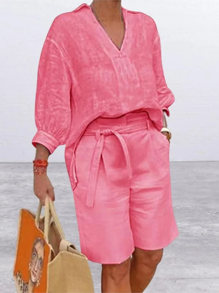 Luftig & Stylisch Zweiteiler aus Leinen mit Bluse & Shorts Damen – Malea