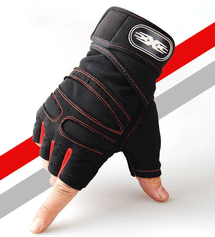 Schwarzer Fitness-Handschuh mit roter Naht, gepolstert, für Krafttraining und Gewichtheben.