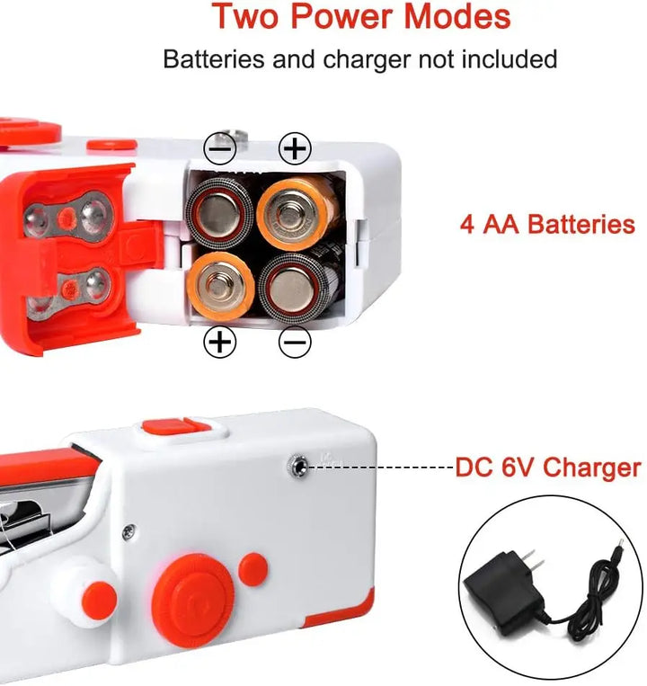 Tragbare Nähmaschine, batteriebetrieben, 4 AA, DC 6V, weiß-rot, kompakt, handlich.