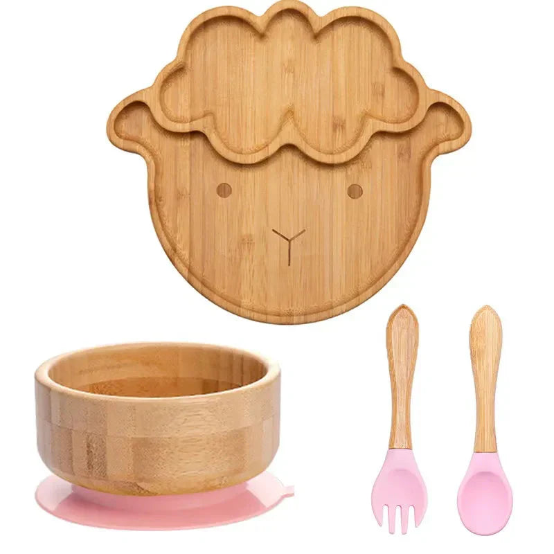 Bambus-Kindergeschirr Set, Schaf-Design, rosa, umweltfreundlich, rutschfest, Löffel und Gabel.