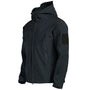 Schwarze Softshell-Jacke mit Kapuze, wasserabweisend, winddicht, Outdoor-Bekleidung.