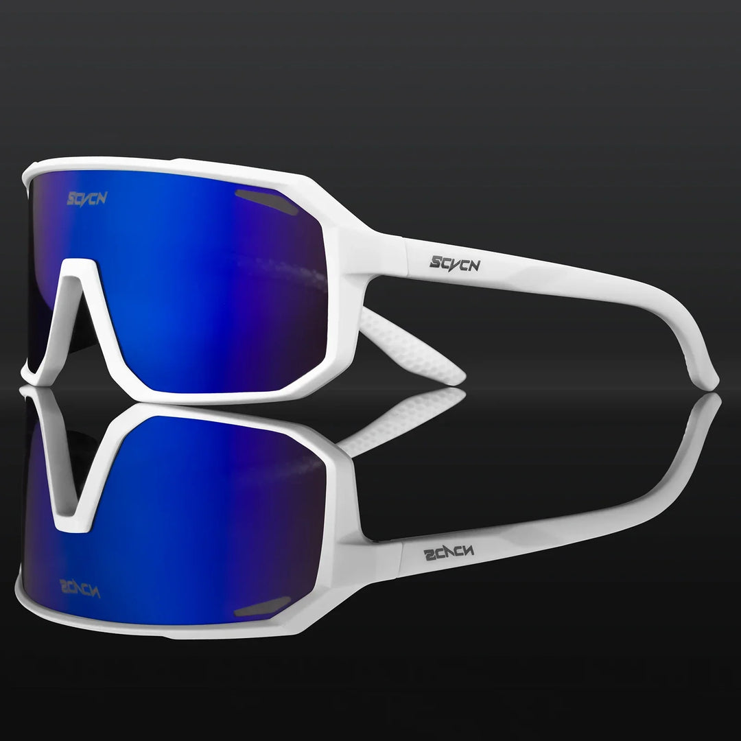 Weiße Sportsonnenbrille mit blauen verspiegelten Gläsern, modisches Design, Unisex.