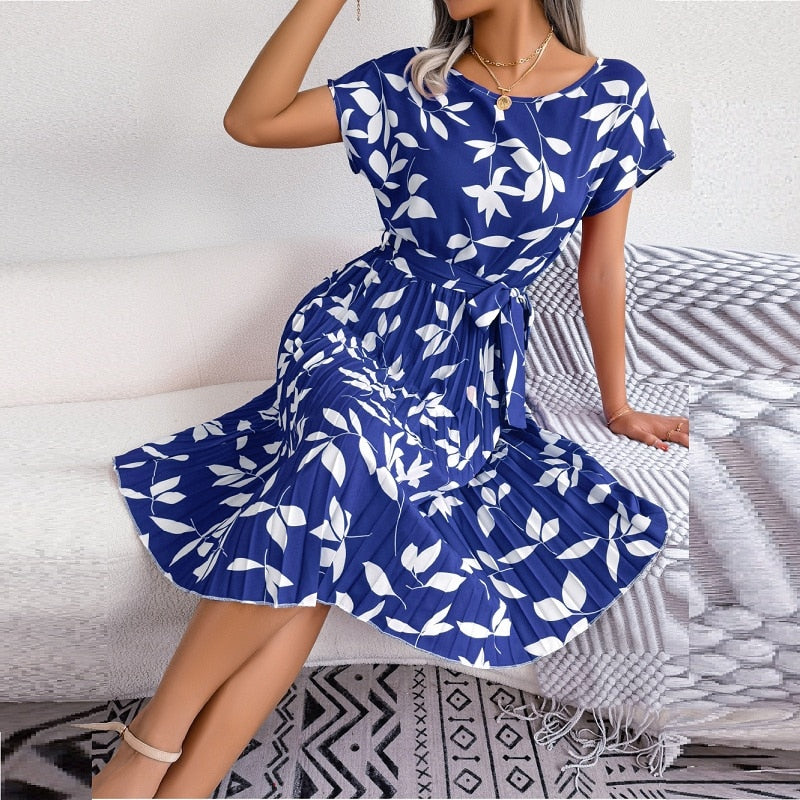 Blaues Bedrucktes Herbst-Midi-Kleid – Naomi