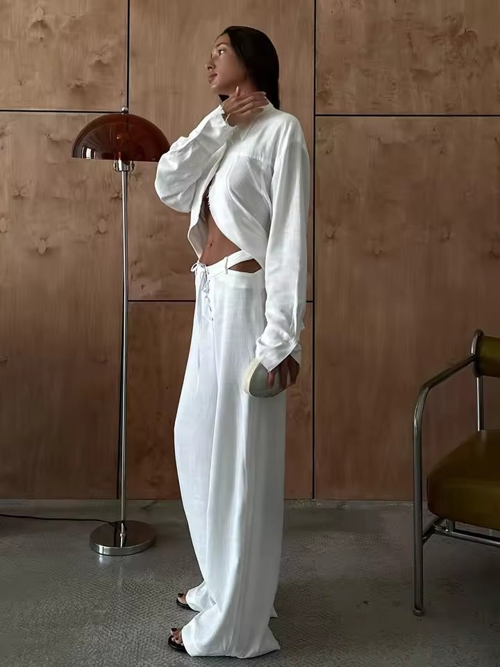 Herbstlich & Stilvoll Zweiteiler aus Leinen mit Langarmshirt und Hose Damen – Nayela