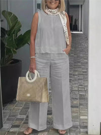 Zweiteiliges Damen Sommer-Set aus Leinen mit Ärmelloser Bluse – Maelis