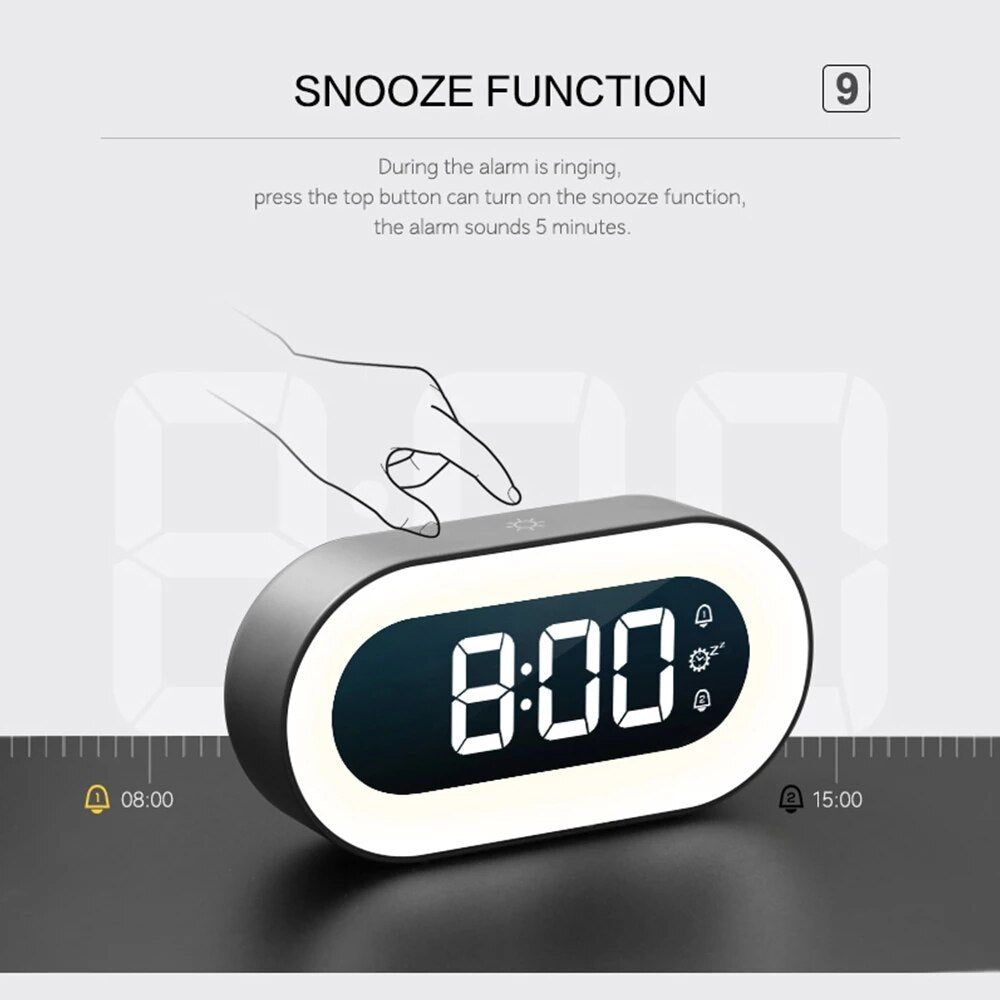 Digitaler Wecker mit Snooze-Funktion, LED-Anzeige, schwarz-weiß, modernes Design.