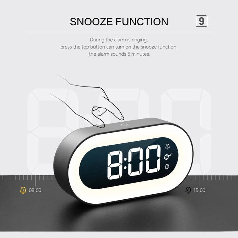 Digitaler Wecker mit Snooze-Funktion, LED-Anzeige, schwarz-weiß, modernes Design.