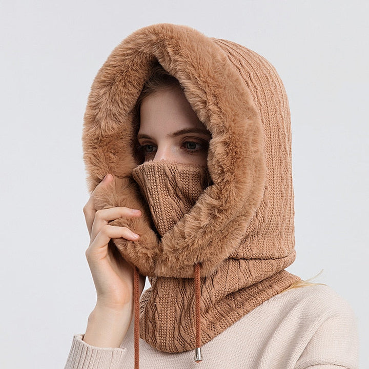 Damen Kapuzen-Schal aus Kunstpelz, beige, warm, modisch, Winteraccessoire, Gesichtsschutz.