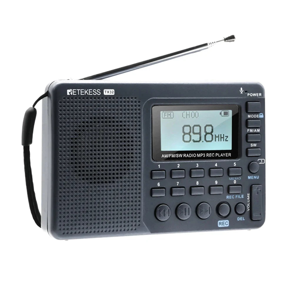 Tragbares Retekess TX3 Radio, AM/FM/SW, MP3-Player, schwarz, mit Antenne und Display.