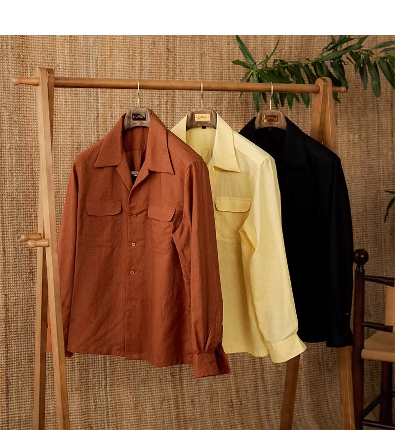 Herbstliches Herrenhemd aus Leinen mit Kubakragen und Langarm – Mateo