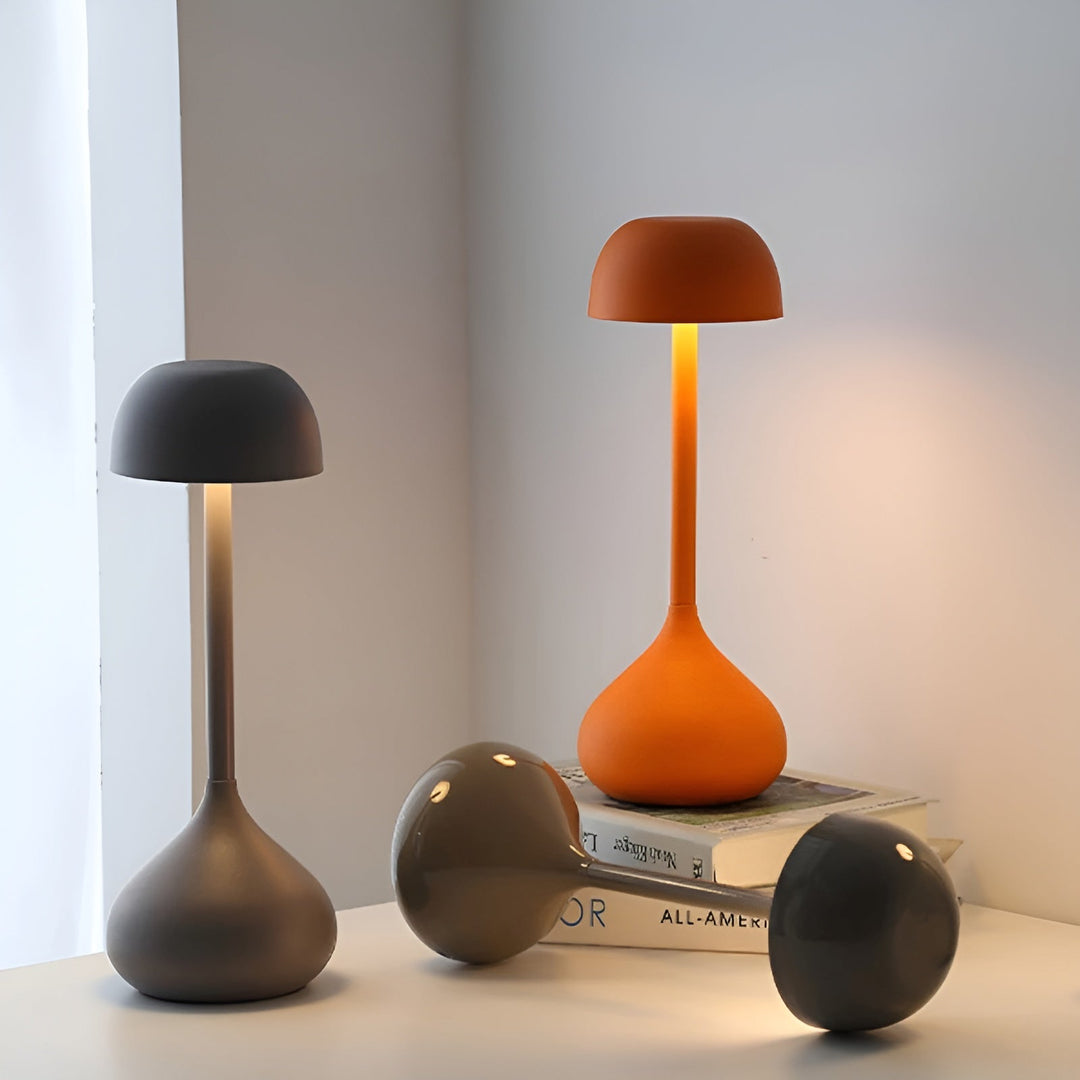 Moderne Tischlampen in Grau und Orange, minimalistisches Design, LED-Beleuchtung, Wohnzimmer-Deko.