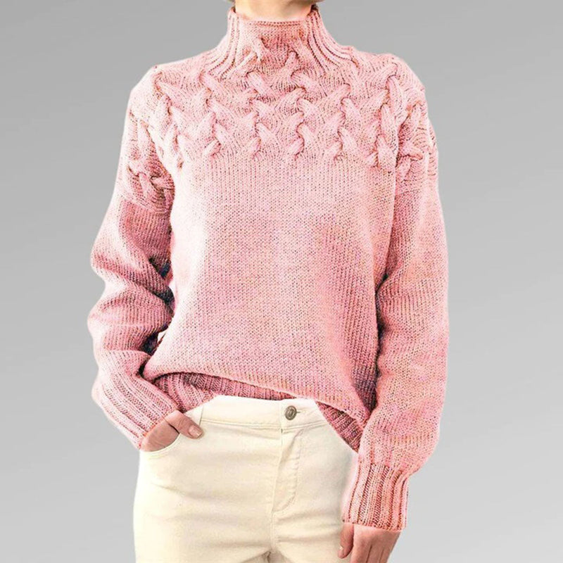Rosa Strickpullover Damen, Zopfmuster, hoher Kragen, Baumwolle, modisch, bequem, Herbstmode.