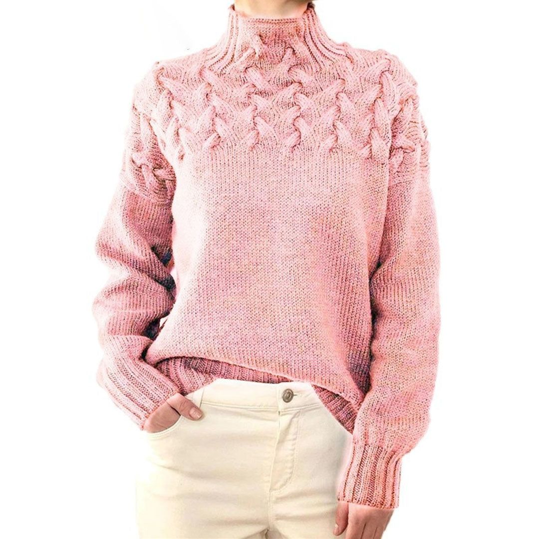 Rosa Strickpullover Damen, Zopfmuster, hoher Kragen, Baumwolle, modisch, bequem.